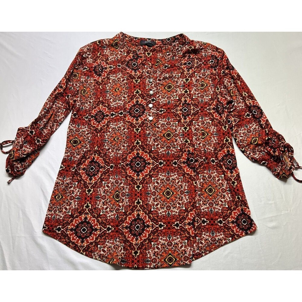 Cocomo Bohemian Earthy Blouse Button Front Tie Sleeve Red 3/4 Sleeve Sz S